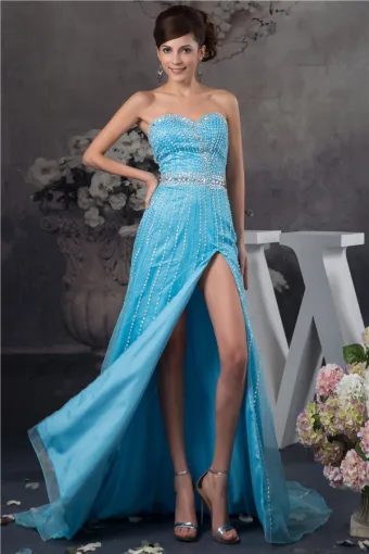 2015 Sexy Sweetheart Strapless Crystal Sash Beading Blue Prom Dress