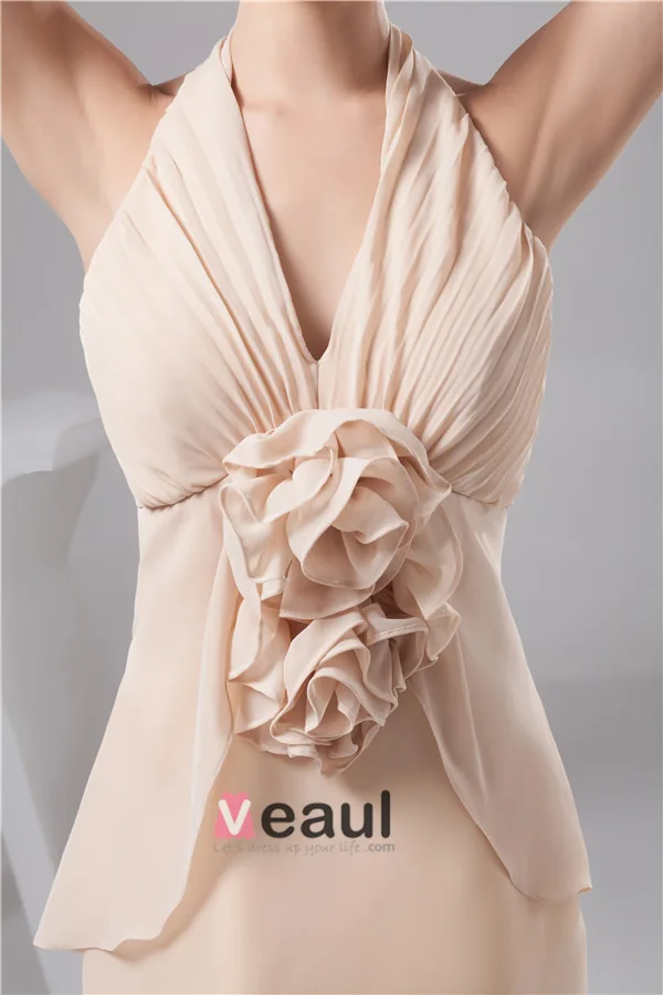 Charming Fit Halter V Neck Ruffle Handmade Flower Short Party Dress