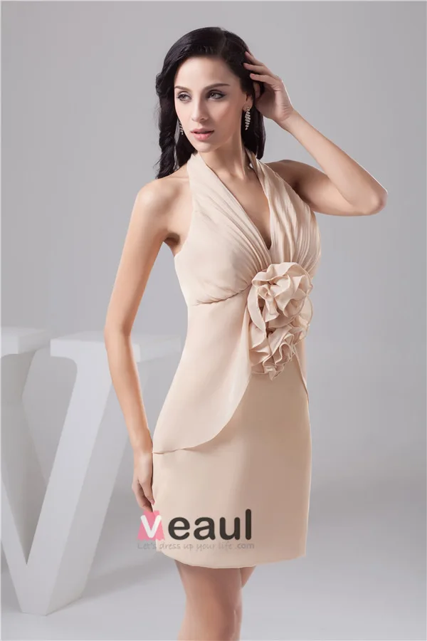 Charming Fit Halter V Neck Ruffle Handmade Flower Short Party Dress