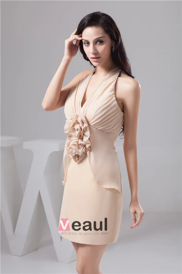 Charming Fit Halter V Neck Ruffle Handmade Flower Short Party Dress