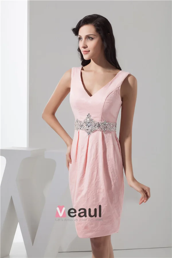 Charmante Cristal Écharpe De Cou De V Ajustement Robe De Cocktail Rose