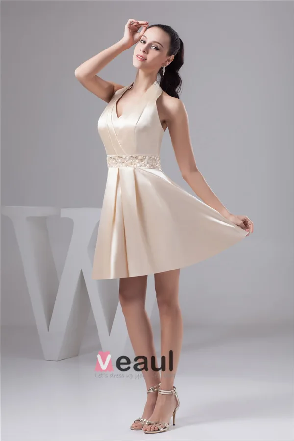Charming Halter V Neck Crystal Sash Short Cocktail Dress Simple Party Dress
