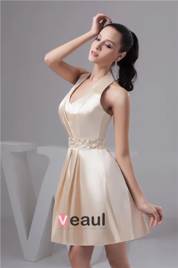 Charming Halter V Neck Crystal Sash Short Cocktail Dress Simple Party Dress