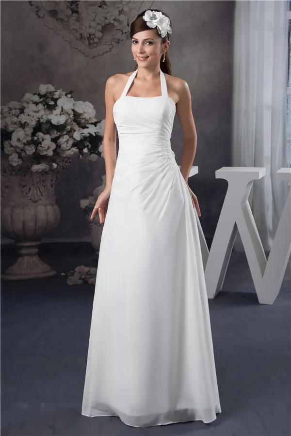 Einfache Halfter Ärmellose Bördelnde Lange Hochzeitskleid Brautkleid