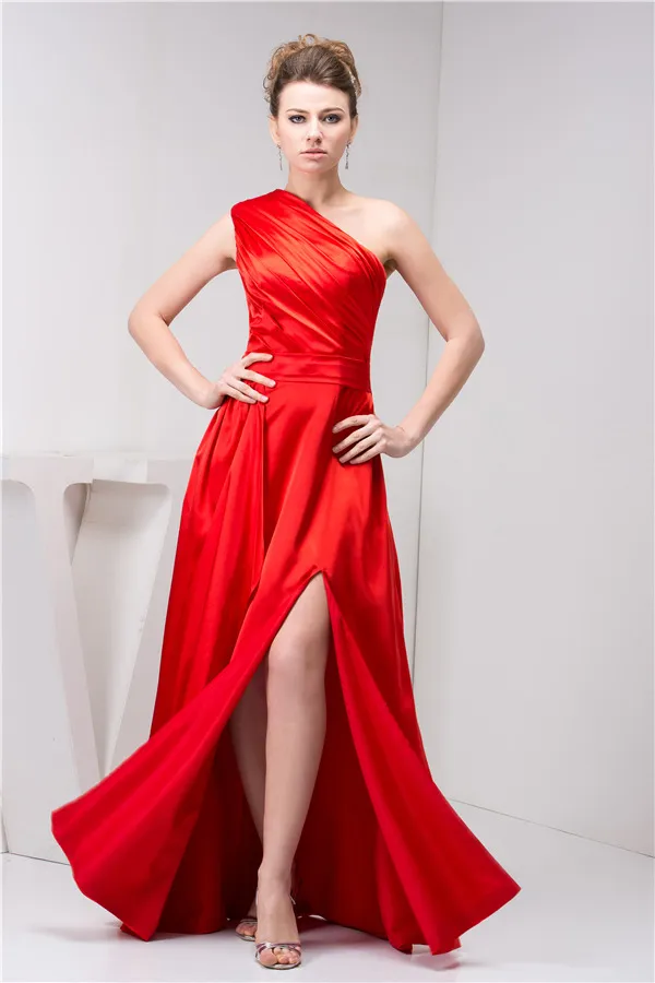 2015 Classic One Shoulder Ruffle Sash Long Prom Dress Red Formal Dress