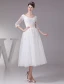 Charming Ball Gown Scoop Neck Lace Sleeves Tea Lenght Wedding Dress Short Bridal Gown