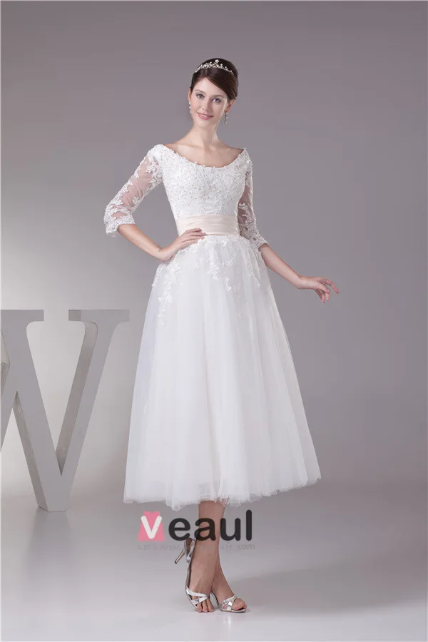 Charming Ball Gown Scoop Neck Lace Sleeves Tea Lenght Wedding Dress Short Bridal Gown