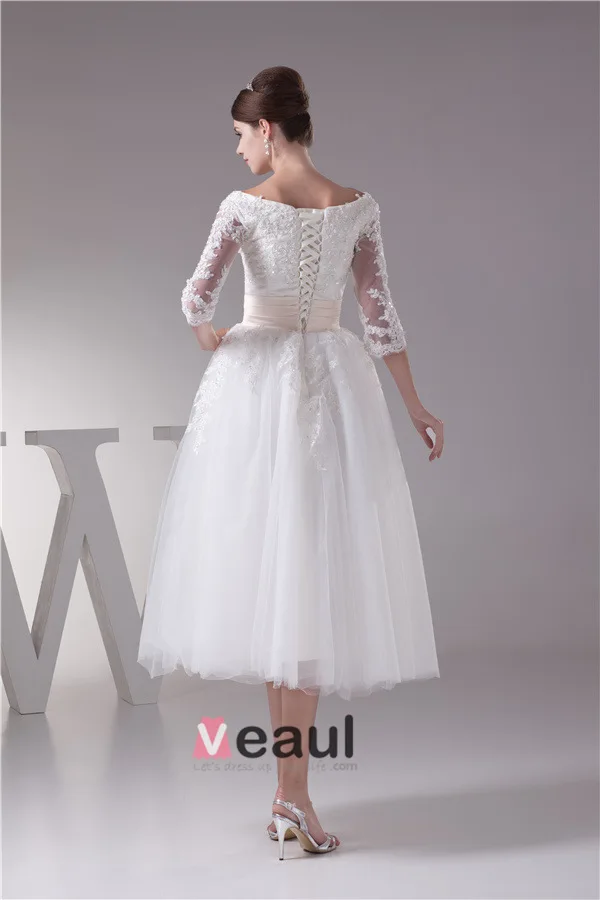 Charming Ball Gown Scoop Neck Lace Sleeves Tea Lenght Wedding Dress Short Bridal Gown