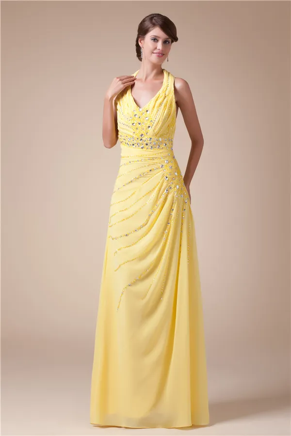 2015 Appealing Halter V-neck Pleated Beading Crystal Sash Yellow Evening Dress