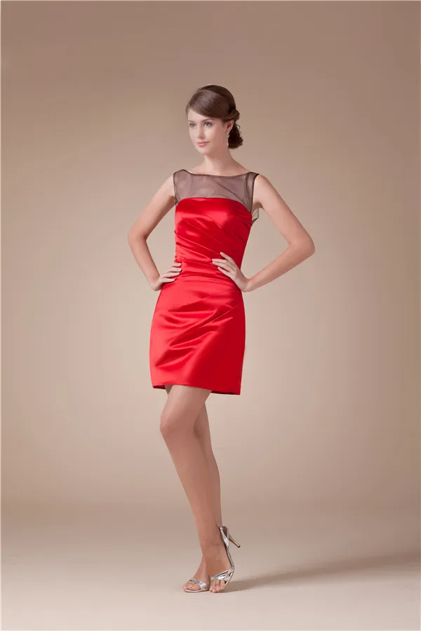 2015 Beautiful Tulle Neck Ruffle Satin Short Cocktail Dress Red Little Party Dress
