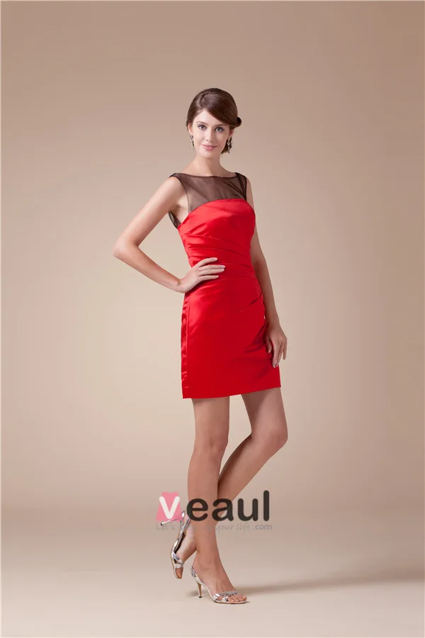 2015 Beautiful Tulle Neck Ruffle Satin Short Cocktail Dress Red Little Party Dress