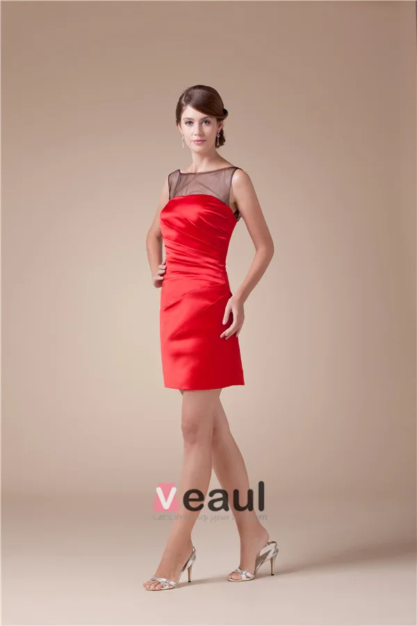 2015 Beautiful Tulle Neck Ruffle Satin Short Cocktail Dress Red Little Party Dress
