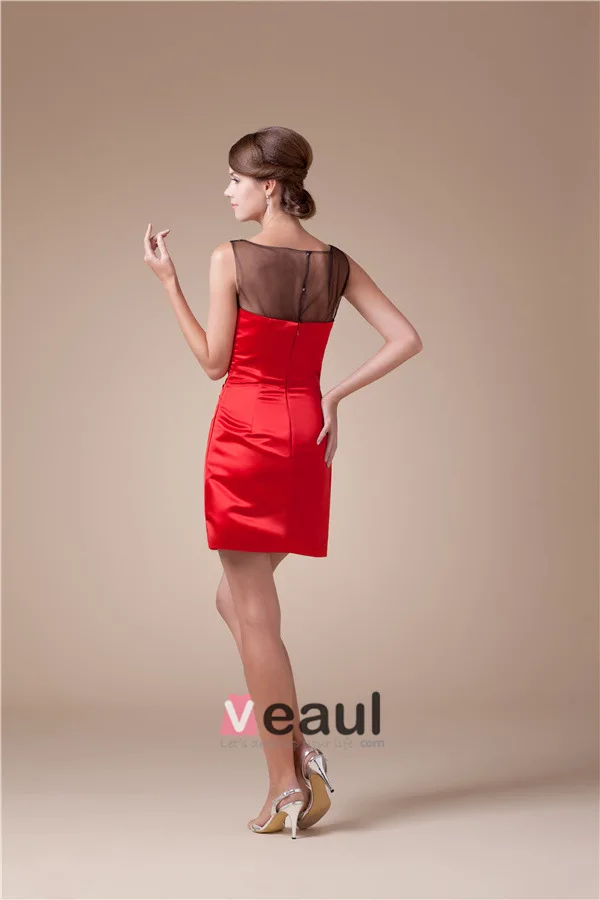 2015 Beautiful Tulle Neck Ruffle Satin Short Cocktail Dress Red Little Party Dress
