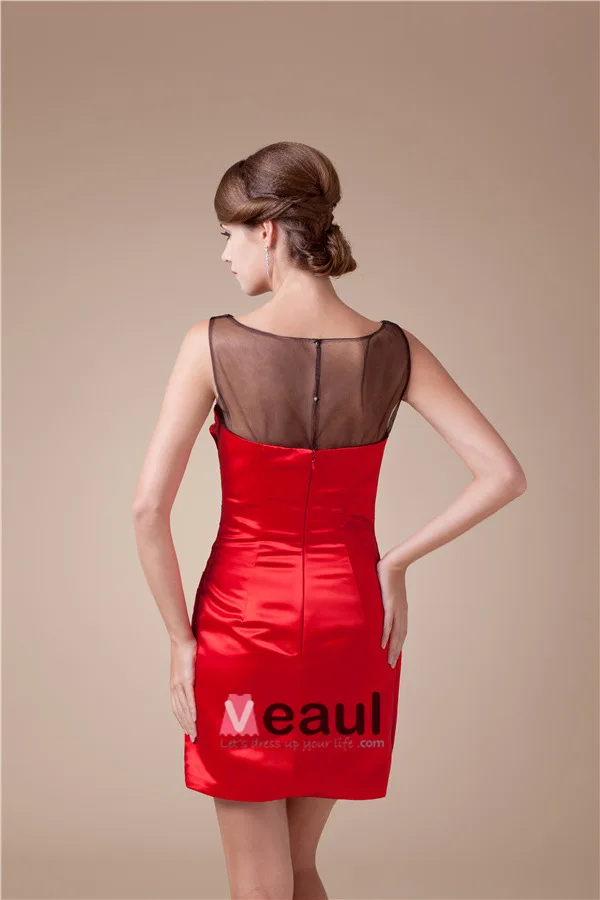 2015 Beautiful Tulle Neck Ruffle Satin Short Cocktail Dress Red Little Party Dress