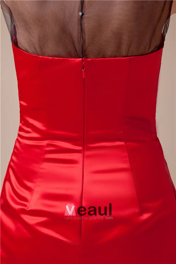 2015 Beautiful Tulle Neck Ruffle Satin Short Cocktail Dress Red Little Party Dress