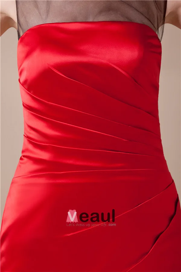 2015 Beautiful Tulle Neck Ruffle Satin Short Cocktail Dress Red Little Party Dress