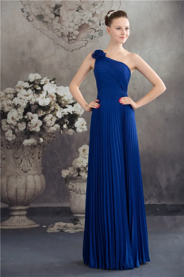 Elegante De Un Hombro Con Flor Hecha A Mano Plisado Vestido Largo Azul Vestidos De Dama De