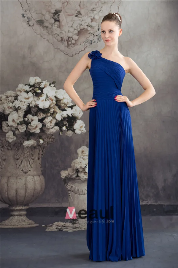 Elegant One Shoulder With Handmade Flower Pleated Long Dress Blue Bridesmaid Dresses Elegant One Shoulder With Handmade Flower Pleated Long Dress Blue Bridesmaid Dresses