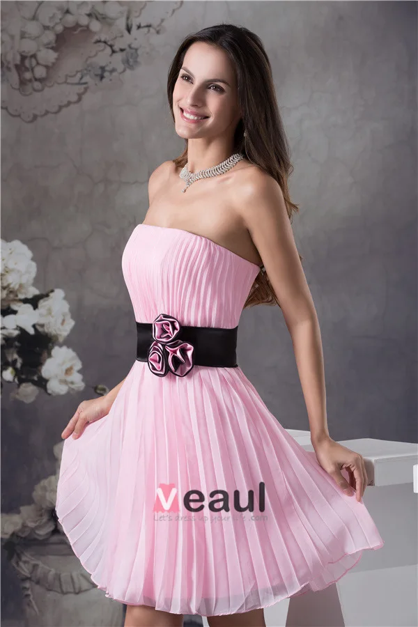 Cute Strapless Pleated Pink Party Dress Black Sash With Handmade Flowers Simple Cocktail Dress