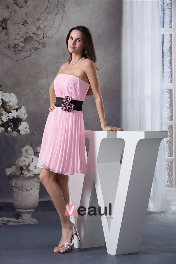 Cute Strapless Pleated Pink Party Dress Black Sash With Handmade Flowers Simple Cocktail Dress
