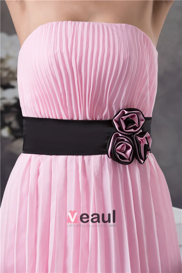 Cute Strapless Pleated Pink Party Dress Black Sash With Handmade Flowers Simple Cocktail Dress