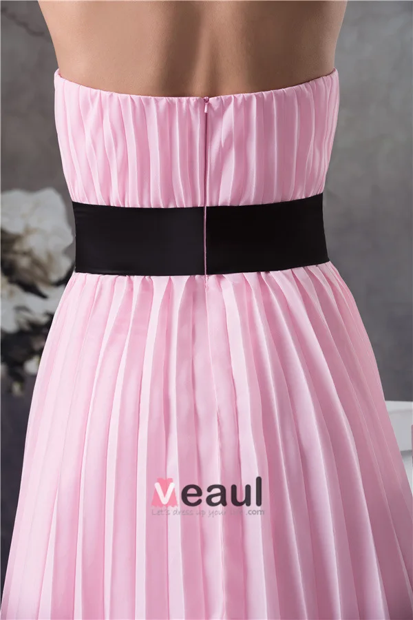 Cute Strapless Pleated Pink Party Dress Black Sash With Handmade Flowers Simple Cocktail Dress