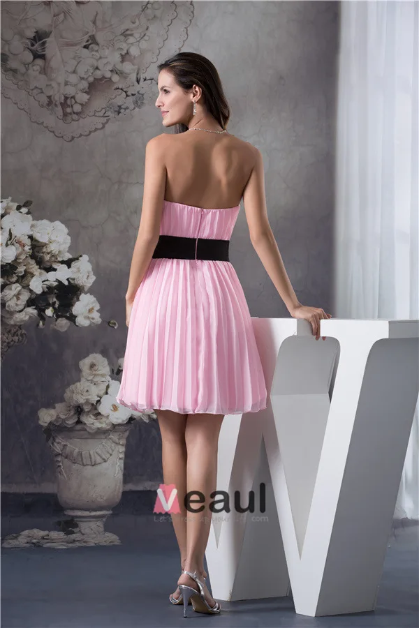 Cute Strapless Pleated Pink Party Dress Black Sash With Handmade Flowers Simple Cocktail Dress