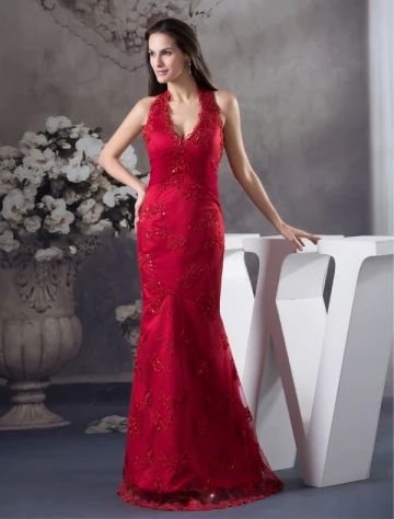 2015 Unique Mermaid Halter V Neck Appliques Prom Dress Red Evening Dress