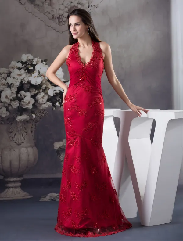 2015 Unique Mermaid Halter V-neck Appliques Prom Dress Red Evening Dress
