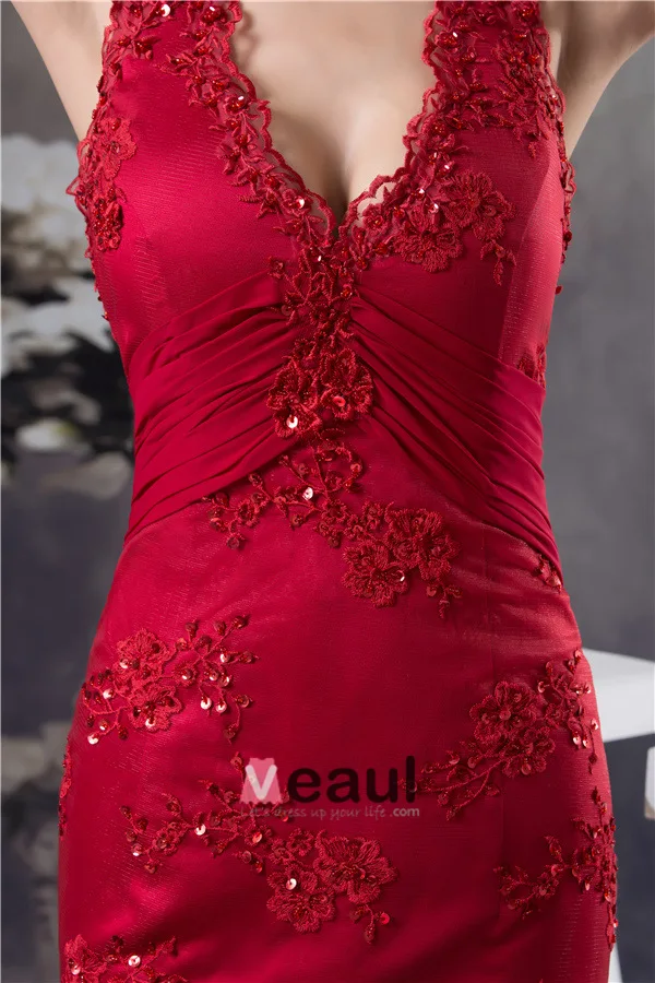 2015 Unique Mermaid Halter V-neck Appliques Prom Dress Red Evening Dress