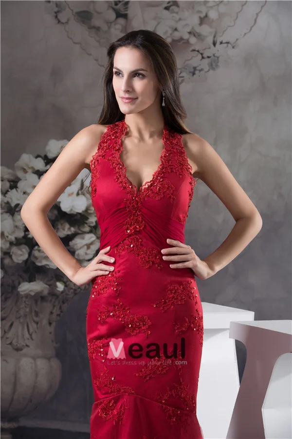 2015 Unique Mermaid Halter V-neck Appliques Prom Dress Red Evening Dress
