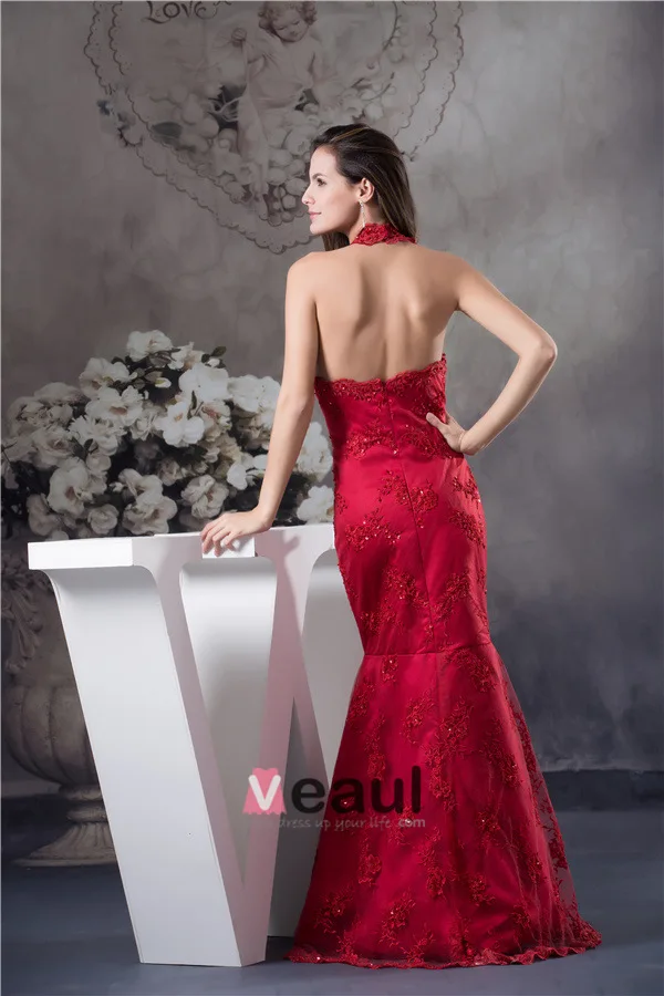 2015 Unique Mermaid Halter V-neck Appliques Prom Dress Red Evening Dress