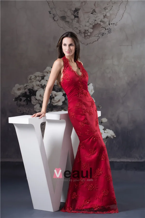 2015 Unique Mermaid Halter V-neck Appliques Prom Dress Red Evening Dress
