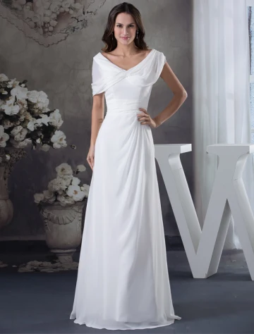 Épaules V Cou Uniques Ruffle Robe De Soirée Blanche