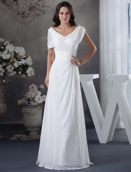 Einzigartige V-ausschnitt Schulter Rüschen Weißen Abendkleid