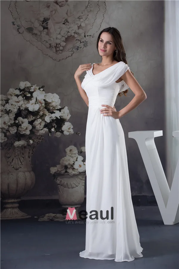 Épaules V-cou Uniques Ruffle Robe De Soirée Blanche