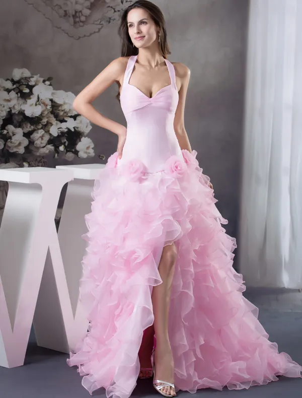 2015 Luxury Ball Gown Halter Handmade Flowers Ruffles Organza Pink Prom Dress