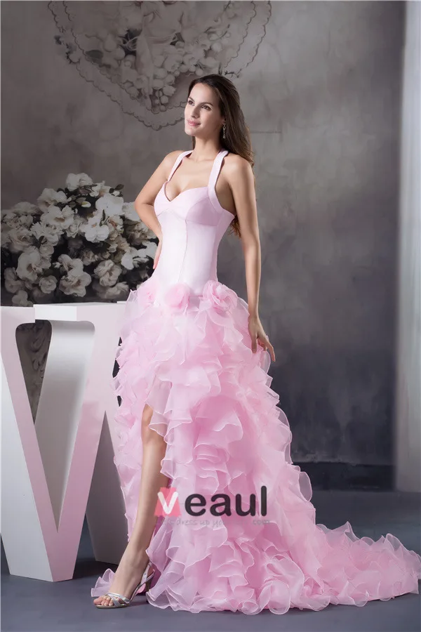 2015 Luxury Ball Gown Halter Handmade Flowers Ruffles Organza Pink Prom Dress