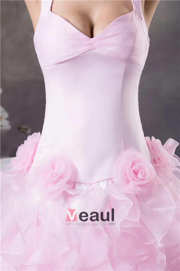 2015 Luxury Ball Gown Halter Handmade Flowers Ruffles Organza Pink Prom Dress