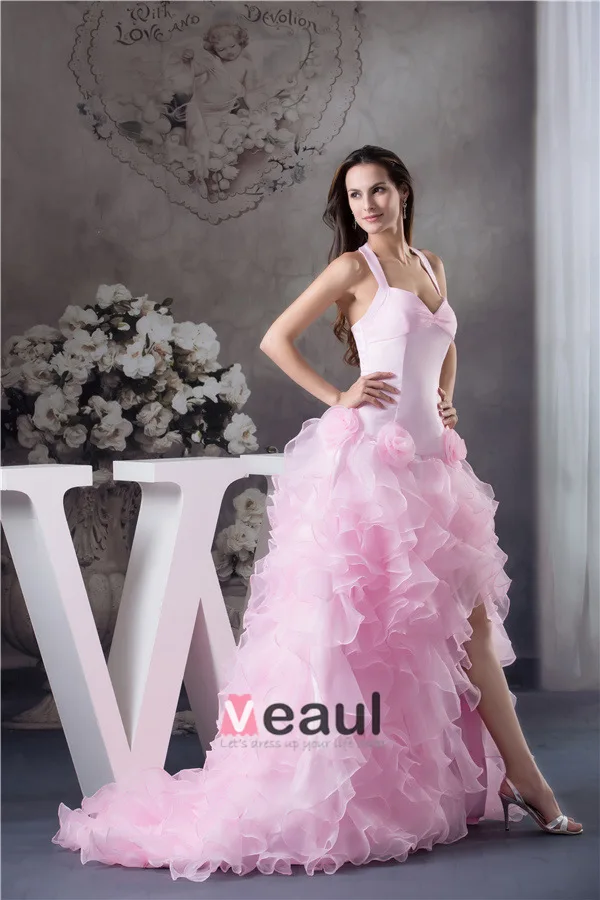 2015 Luxury Ball Gown Halter Handmade Flowers Ruffles Organza Pink Prom Dress