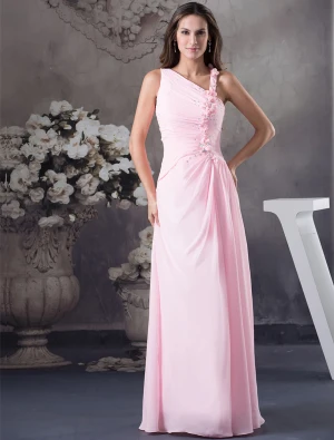2015 Charming Pleated Shoulder Ruffle And Beading Strap Handmade Flowers Evening Dress Pink Prom Dress