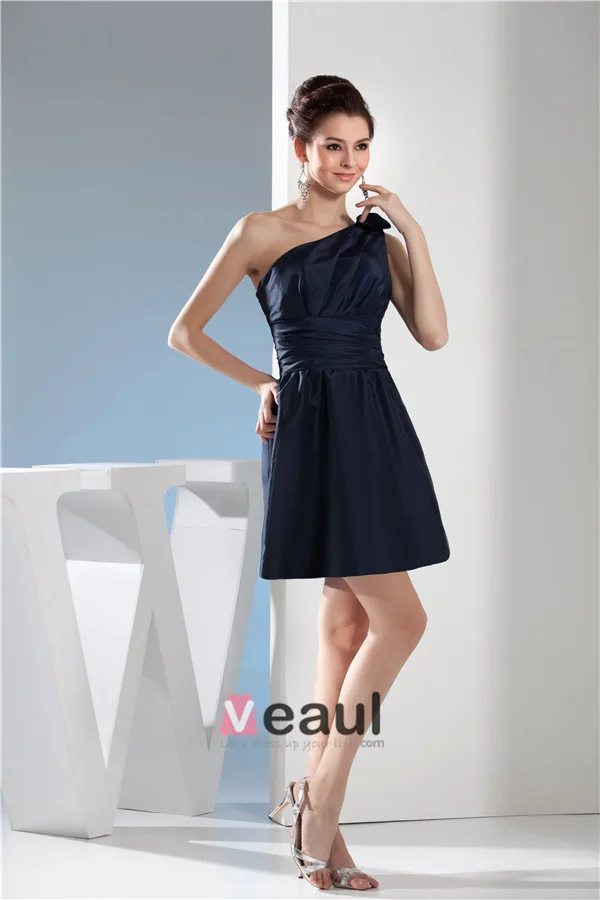 2015 Appealing One Shoulder With Bow Pleated Sash Short Bridesmaid Dresses