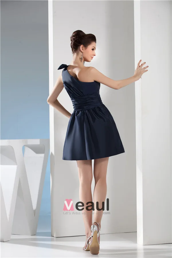 2015 Appealing One Shoulder With Bow Pleated Sash Short Bridesmaid Dresses