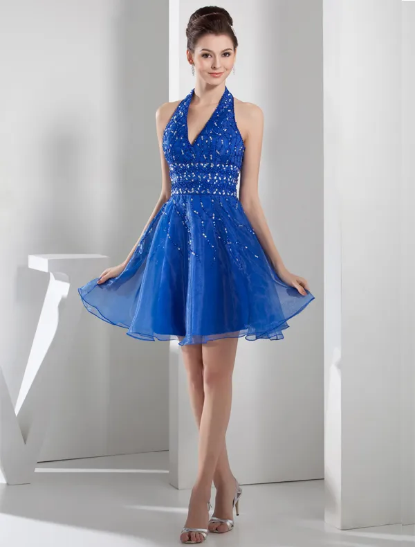 2015 Sexy V-neck Halter Beading Sash With Sequins Blue Cocktail Dress