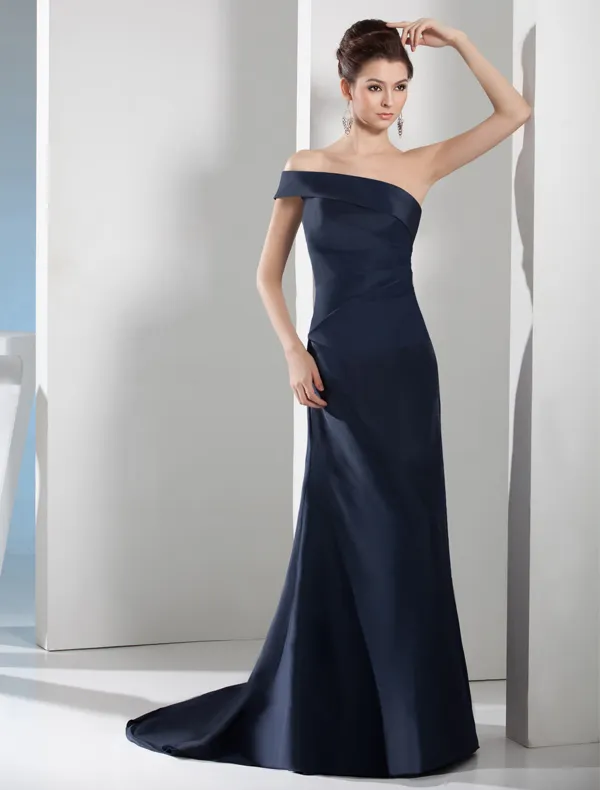 2015 Chic A-line One Shoulder Off-the-shoulder Navy Blue Evening Dress