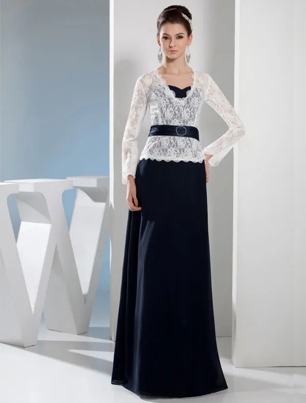 2015 Elegante Spitze Lange Ärmel V-ausschnitt Abendkleid Mit Schärpe