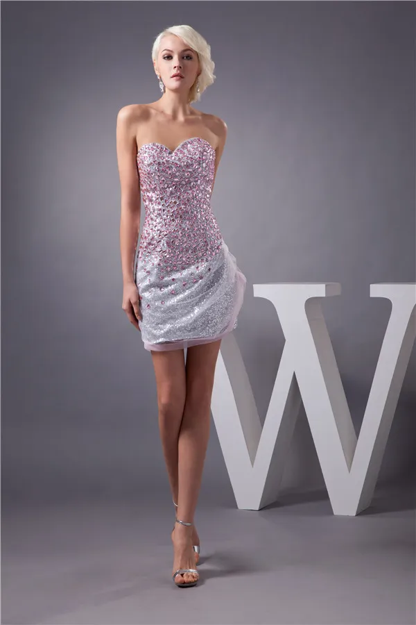 Sparkly Cocktail Dress Silver Sequin With Pink Crystal Short Party Dress