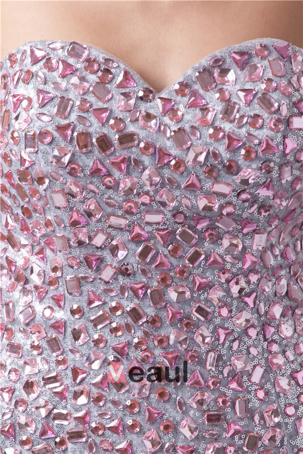 Sparkly Cocktailkjole Sølv Paljett Med Rosa Krystall Kort Festkjoler