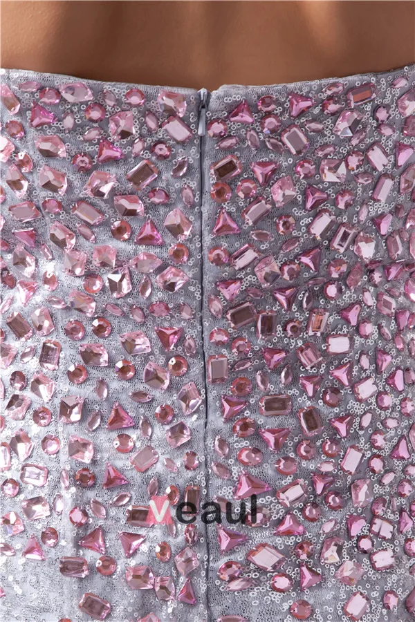 Sparkly Cocktailkjole Sølv Paljett Med Rosa Krystall Kort Festkjoler