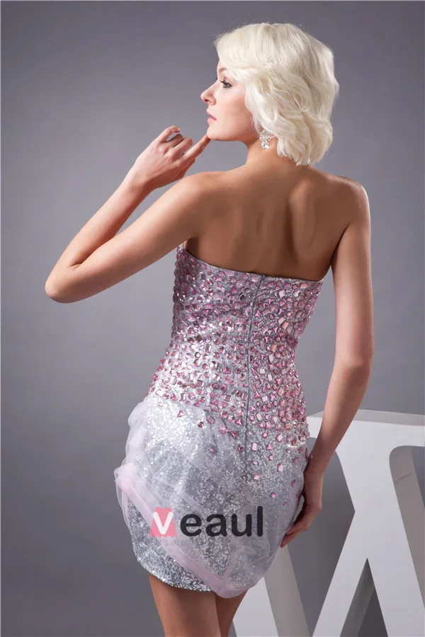 Sparkly Cocktailkjole Sølv Paljett Med Rosa Krystall Kort Festkjoler